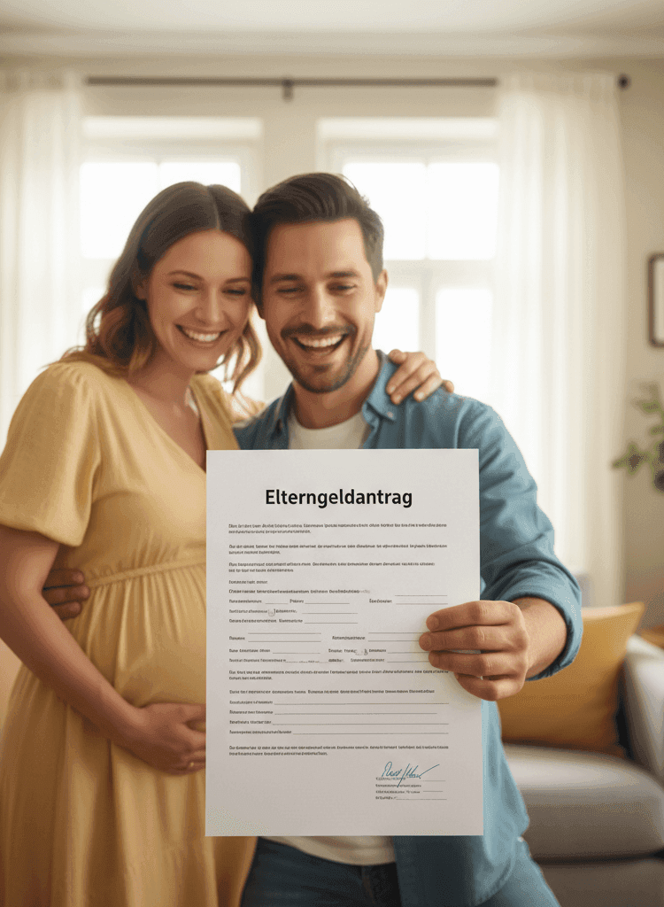 Glueckliches Paar mit fertigem Elterngeldantrag