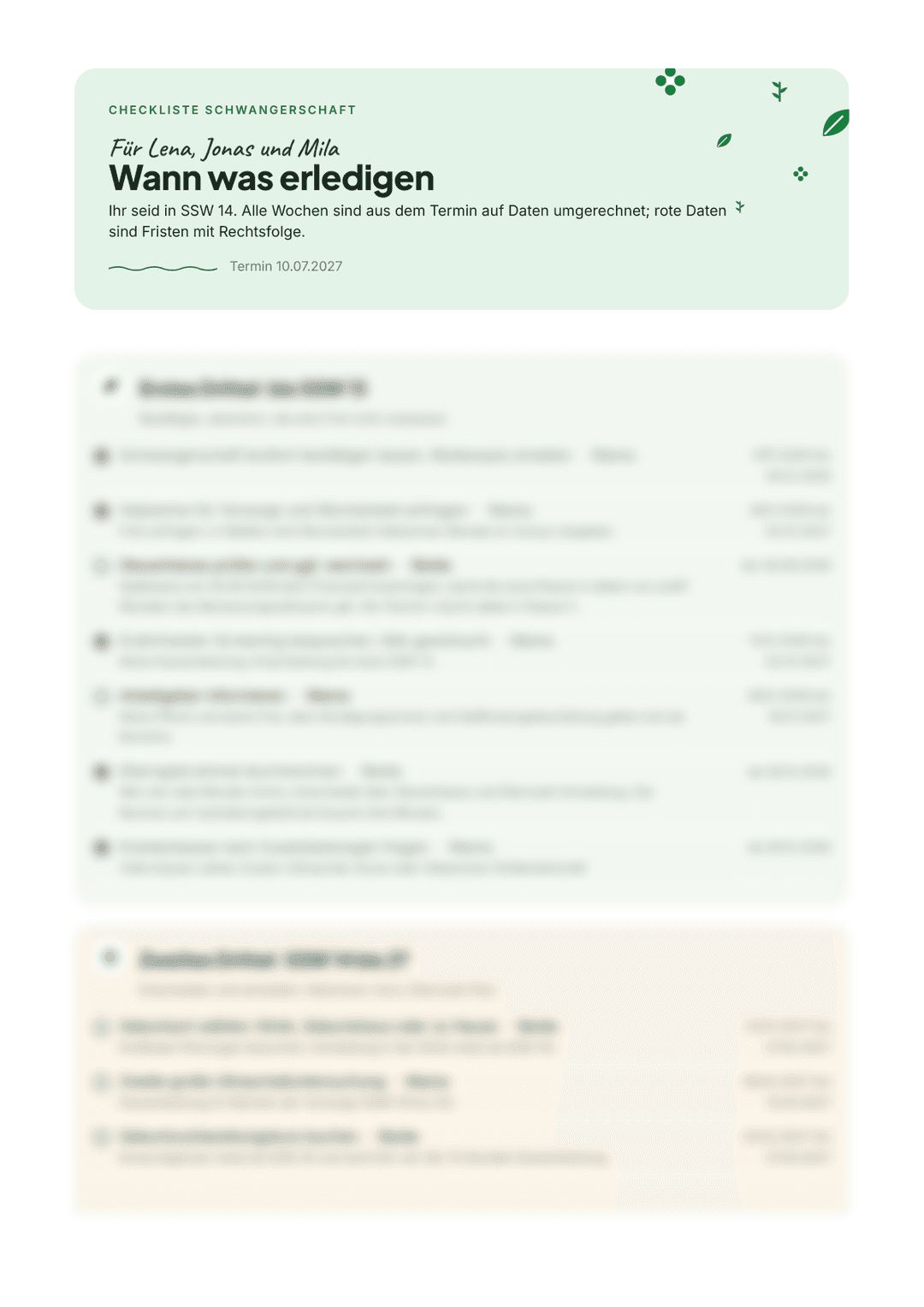 Checkliste Schwangerschaft: Erstes Drittel mit Datumsfenstern